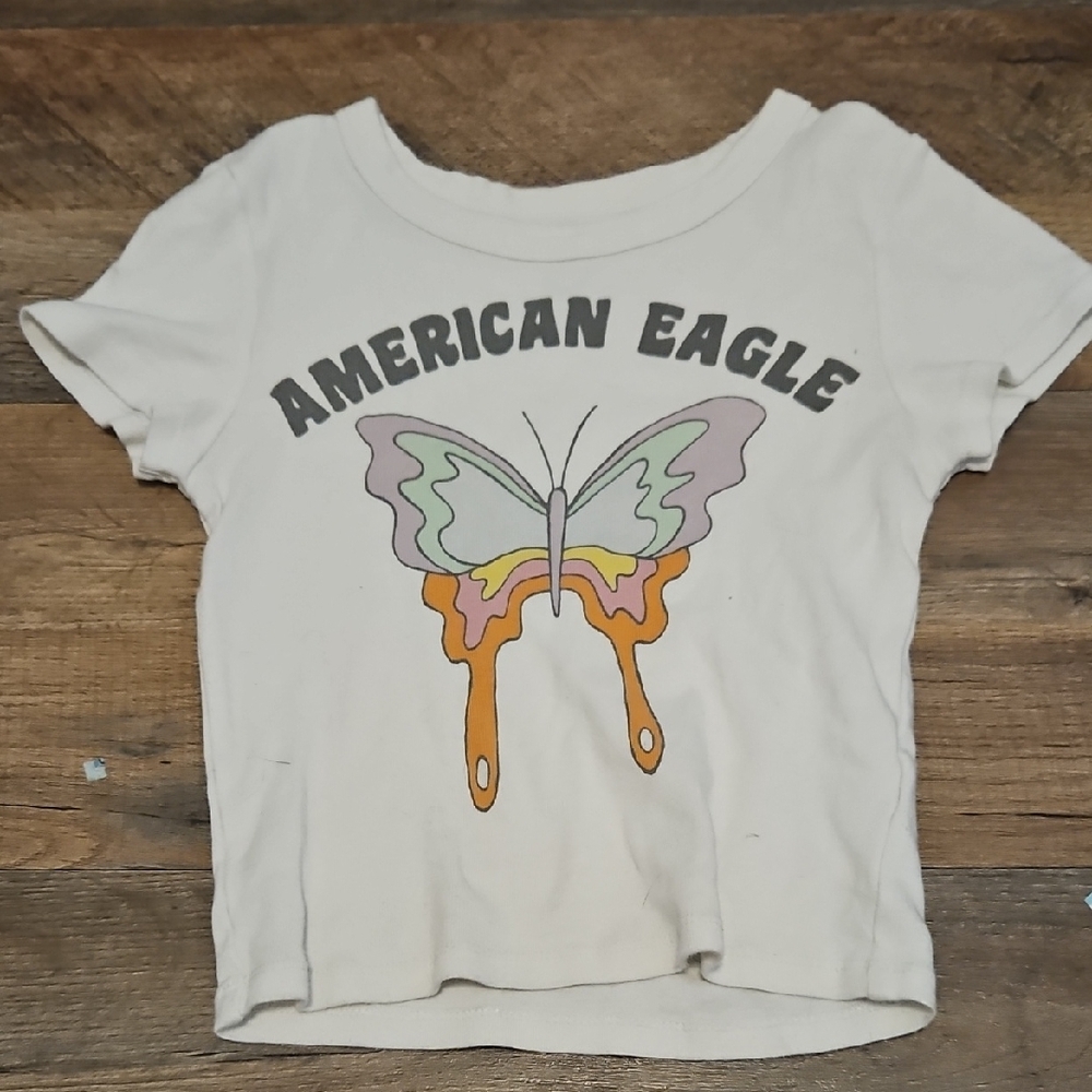 American Eagle Outfitters Cream Crop Top Butterfly Graphic
